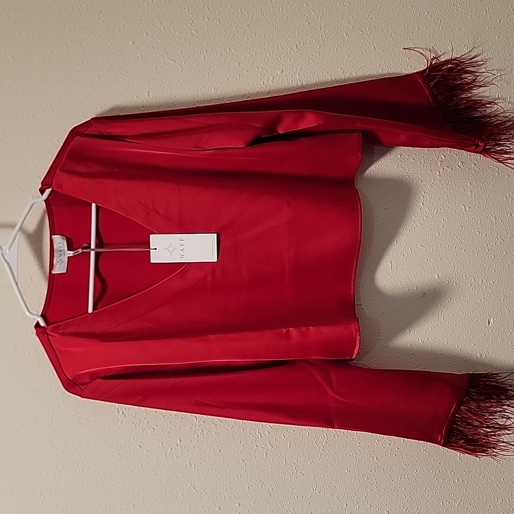 Wayf Red Crop Blouse with Embellished Bell Sleeves Sz M NWT - Picture 8 of 8